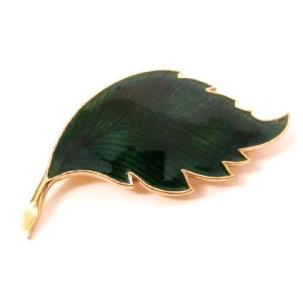 Elegant Vintage Floral Dark Green Guilloche Enamel Gold Plated LEAF Brooch Pin
